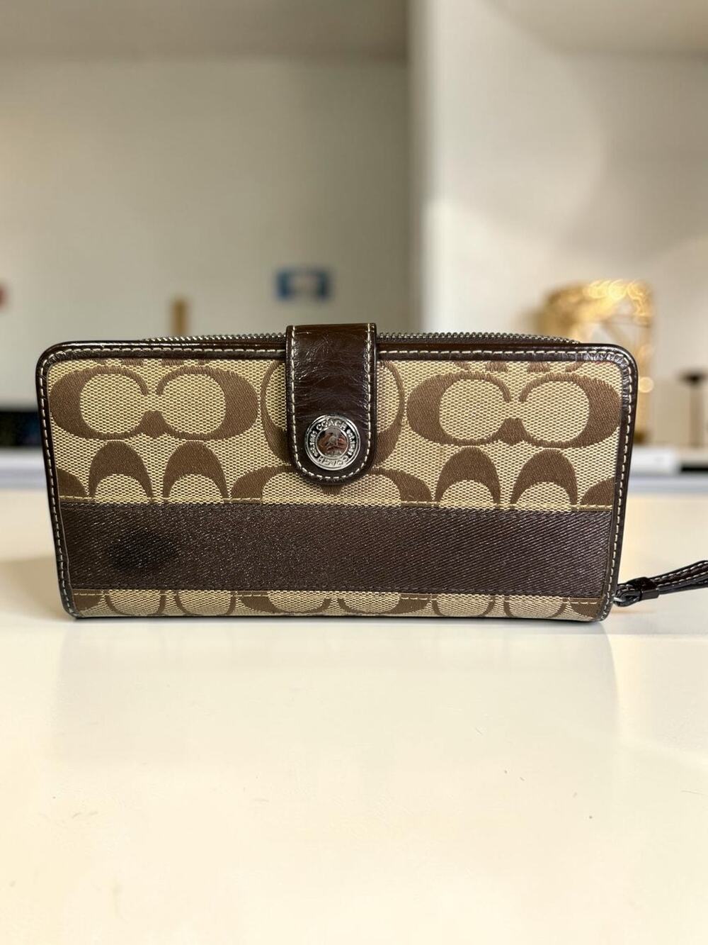 Coach Signature Khaki Brown Long Wallet Snap Closure Zip Compartment